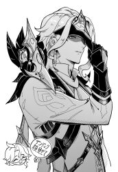  2boys ascot coat commentary_request dottore_(genshin_impact) eye_mask gauntlets genshin_impact greyscale highres looking_at_viewer mask mask_pull monochrome multiple_boys ochiba_34 pantalone_(genshin_impact) parted_lips shaded_face short_hair simple_background solo_focus syringe_earrings translation_request upper_body white_background 