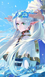  1boy 1girl absurdres blue_flower blue_sky capelet chinese_commentary commentary_request dress earrings elf field floating_hair flower flower_field frieren green_eyes grey_hair head_wreath highres himmel_(sousou_no_frieren) jewelry long_hair long_sleeves mr_goblin out_of_frame parted_bangs pointy_ears sky sousou_no_frieren twintails upper_body white_capelet white_hair 