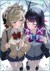 2girls absurdres bag black_bag black_hair black_shoes blue_border blue_bow blue_bowtie blue_eyes blue_skirt border bow bowtie brown_cardigan brown_hair cardigan closed_mouth columbina_(genshin_impact) commentary_request eye_contact eye_mask foreshortening from_above genshin_impact grey_cardigan hair_bun hair_intakes head_wings highres holding holding_bag holding_umbrella loafers locked_arms long_hair long_sleeves looking_at_another looking_to_the_side mask miniskirt mokyukyu_2339 multicolored_hair multiple_girls open_mouth ornate_border pleated_skirt purple_hair red_bow red_bowtie sandrone_(genshin_impact) school_bag school_uniform shoes shoulder_bag single_hair_bun skirt smile socks standing straight_hair translation_request transparent transparent_umbrella two-tone_hair umbrella violet_eyes white_socks white_wings wings yuri 