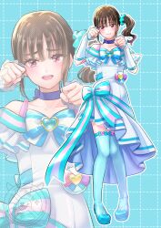  1girl :o :s aqua_background aqua_boots aqua_bow aqua_scrunchie aqua_theme arm_warmers bare_shoulders blue_bow blue_choker blunt_bangs blush boots bow bow_choker brooch brown_hair chest_bow choker closed_mouth collarbone commentary commission cosplay cure_lillian cure_lillian_(cosplay) curled_fingers different_zoom_layer dotted_line dress dress_bow embarrassed fingernails frilled_arm_warmers frilled_dress frills full_body furrowed_brow grid_background hair_ornament hair_scrunchie hands_up heart heart_brooch high_heel_boots high_heels highres jewelry light_smile lips long_hair looking_at_viewer magical_girl medium_dress multicolored_bow multiple_views nekoyashiki_mayu off-shoulder_dress off_shoulder open_mouth outline pact_holder paw_pose pigeon-toed ponytail pouch precure raised_inner_eyebrows scrunchie self-cosplay side_ponytail skeb_commission solo standing striped_bow tearing_up teeth thick_eyebrows thigh_boots upper_teeth_only violet_eyes waka_(negronoir) watermark white_arm_warmers white_dress white_outline wonderful_precure! zettai_ryouiki zoom_layer 