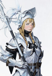  1girl arm_belt armor belt belt_buckle black_shirt blonde_hair blue_eyes braid breastplate breasts brown_belt buckle commentary concept_art couter english_commentary eyelashes fantasy gauntlets gorget gradient_background hair_tie helmet highres holding holding_polearm holding_weapon lips long_hair looking_to_the_side nose original parted_lips pauldrons plackart polearm realistic shirt shoulder_armor sidelocks simple_background small_breasts solo spear turtleneck turtleneck_shirt twin_braids upper_body visor_(armor) weapon white_background 