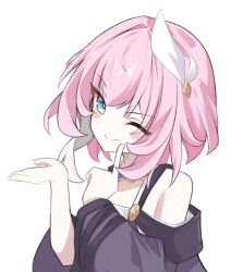  1girl ;) blue_eyes blush_stickers breasts coat commentary cyrene_(honkai:_star_rail) cyrene_(philia093)_(honkai:_star_rail) dress hair_ornament honkai:_star_rail honkai_(series) looking_at_viewer multicolored_hair one_eye_closed pink_hair purple_coat simple_background small_breasts smile solo two-tone_hair white_background white_dress white_hair yukimooti39 