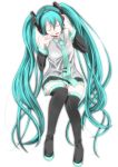  aqua_hair closed_eyes detached_sleeves eyes_closed hatsune_miku highres long_hair maccha_(jam513) necktie simple_background sitting skirt smile solo thigh-highs thighhighs twintails very_long_hair vocaloid zettai_ryouiki 
