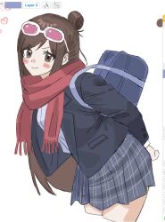  1girl ace_attorney alternate_costume art_program_in_frame bag black_jacket blush_stickers brown_hair closed_mouth commentary_request cropped_legs deun_(wqfzwr) ema_skye hair_bun heart highres jacket long_hair long_sleeves looking_at_viewer open_clothes open_jacket plaid_clothes plaid_skirt pleated_skirt red_scarf scarf school_bag single_hair_bun skirt smile solo 