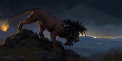  1boy bangle bracelet closed_mouth clouds dark_cloud fiery_tail final_fantasy final_fantasy_vii fire jewelry kenket male_focus mane mountainous_horizon one_eye_closed pawpads red_fur red_hair red_xiii roman_numeral scar scar_across_eye scar_on_face tail 