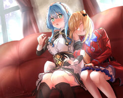  2girls :o absurdres apron aqua_eyes arm_hug black_bow black_bowtie blonde_hair blue_bow blue_bowtie blue_hair blush bow bowtie closed_eyes commentary_request cone_hair_bun couch curtains detached_sleeves dress hair_bow hair_bun highres hikikomari_kyuuketsuki_no_monmon indoors jacket leaning_on_person leaning_to_the_side long_hair long_sleeves maid maid_headdress multiple_girls nose_blush on_couch open_mouth parted_lips petticoat red_jacket red_skirt short_hair_with_long_locks sitting skirt sleeping sleeping_upright sleeve_cuffs sleeveless sleeveless_dress surprised terakomari_gandezblood tsudumi_touya two-tone_dress very_long_hair villhaze waist_apron white_apron window yuri 