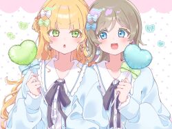  2girls :3 :d :o black_ribbon blue_bow blue_cardigan blush bow cardigan commentary green_bow grey_hair hair_bow heanna_sumire heart highres holding long_hair long_sleeves looking_at_another looking_to_the_side love_live! love_live!_superstar!! medium_hair memeta_(oolm_m) multiple_girls neck_ribbon open_cardigan open_clothes open_mouth polka_dot polka_dot_background ribbon smile tang_keke teeth upper_teeth_only v-shaped_eyebrows yume_kawaii 