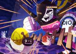  >_< 1boy 1other absurdres androgynous black_eyes black_hair commentary_request fence flying_sweatdrops hair_over_one_eye headphones highres humanoid_robot mettaton mettaton_ex multicolored_hair napstablook o_o open_mouth purple_hair robot short_hair smile snail sweat tongue two-tone_hair undertale utdr_(toby_fox) watawata22 white_tongue 