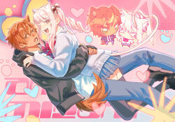  1boy 1other :d ;d akiyama_mizuki animal_ears babykatafan black_jacket blue_pants blue_skirt bow bowtie cardigan cat_ears cat_tail chibi chibi_inset commentary dog_boy dog_ears dog_tail english_commentary green_eyes grey_cardigan heart highres hug jacket kamiyama_high_school_uniform_(project_sekai) long_sleeves looking_at_viewer miniskirt one_eye_closed orange_hair other_with_male pants pink_eyes pink_hair pleated_skirt project_sekai red_bow red_bowtie school_uniform shinonome_akito short_hair side_ponytail skirt smile striped_bow striped_bowtie striped_clothes tail 