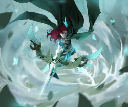  1girl absurdres aqua_butterfly aqua_shirt arrow_(projectile) bare_legs barefoot black_shorts blurry bow_(weapon) breasts bug butterfly butterfly_necklace cape closed_mouth commentary concept_art depth_of_field dongho_kang dota_(series) dota_2 english_commentary eyelashes fighting_stance floating_cape from_above full_body glowing_feet green_cape green_eyes hair_ornament highres holding holding_bow_(weapon) holding_weapon light_particles lips long_hair looking_to_the_side medium_breasts nose official_art outdoors red_hair shirt shorts sketch solo standing weapon wind windranger_(dota) 