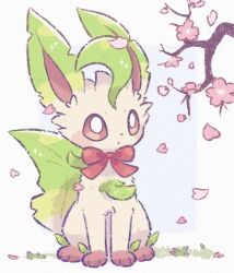  bow bowtie bright_pupils brown_eyes brown_fur cherry_blossoms ci_spl clothed_pokemon full_body leaf_tail leafeon no_humans pokemon pokemon_(creature) pokemon_focus red_bow red_bowtie solo tail white_pupils 