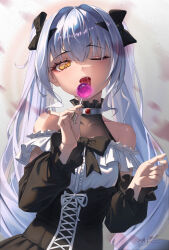  1girl 232323jerry absurdres black_dress breasts candy commentary_request dress fate/grand_order fate_(series) food grey_hair highres holding holding_candy holding_food holding_lollipop lollipop long_hair looking_at_viewer melusine_(fate) one_eye_closed open_mouth saliva small_breasts smile solo tongue tongue_out twintails two-tone_dress upper_body very_long_hair white_dress yellow_eyes 