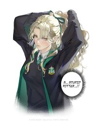  1girl arms_up black_sweater blonde_hair blush commentary diagonal-striped_clothes diagonal-striped_necktie genderswap genderswap_(mtf) green_eyes green_necktie harry_potter_(series) highres hogwarts_school_uniform long_hair long_sleeves malfoid necktie open_clothes open_robe ponytail pout robe school_uniform shirt slytherin solo speech_bubble striped_clothes striped_necktie sweater thought_bubble tying_hair wandzardeen white_shirt wide_sleeves wizarding_world 