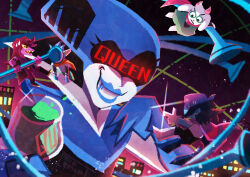  1other 2boys 2girls absurdres androgynous animal_ears armlet armored_boots barefoot berdly_(dark_world)_(deltarune) berdly_(deltarune) bird_boy black_boots black_hair black_vest blue_skin boots bracelet buckle cape character_name city closed_mouth colored_sclera colored_skin colored_teeth commentary_request deltarune furry furry_female furry_male gauntlets glasses green-framed_eyewear heart heart-shaped_buckle highres horns humanoid_robot jewelry kris_(dark_world)_(deltarune) kris_(deltarune) long_hair long_sleeves multiple_boys multiple_girls no_eyes open_clothes open_mouth open_vest pants pink_scarf purple_hair purple_pants purple_shirt purple_skin queen_(deltarune) ralsei red_cape reptile_girl robot round_eyewear scarf shaded_face sharp_teeth shirt smile spiked_armlet spiked_bracelet spikes susie_(dark_world)_(deltarune) susie_(deltarune) sweat teeth utdr_(toby_fox) vest watawata22 yellow_sclera yellow_teeth 
