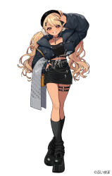  1girl arm_up bag black_boots black_choker black_hat black_jacket black_shirt black_skirt black_socks blonde_hair boots breasts brown_eyes choker commentary copyright_name copyright_notice crop_top crossed_legs grey_scarf grin hair_ornament hairclip hand_in_pocket hat highres jacket jewelry kaminari_qpi long_hair long_sleeves looking_at_viewer midriff necklace o-ring o-ring_thigh_strap official_alternate_costume official_art open_clothes open_hand open_jacket platform_boots sample_watermark scarf shirt simple_background skirt smile socks solo thigh_strap twintails virtual_youtuber vspo! watermark watson_cross white_background yellow_bag yuu_(higashi_no_penguin) 