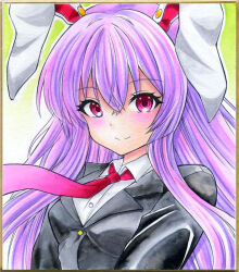  1girl animal_ears black_jacket blazer blush breasts buttons closed_mouth collared_shirt colored_pencil_(medium) commentary_request dot_nose gradient_background graphite_(medium) green_background hair_between_eyes jacket lapels long_hair looking_at_viewer marker_(medium) medium_breasts necktie nightmare77zx outline photo_(medium) purple_hair rabbit_ears rabbit_girl red_eyes red_necktie reisen_udongein_inaba shikishi shirt sidelocks simple_background smile solo split_mouth touhou traditional_media upper_body white_outline white_shirt 