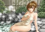  bare_shoulders brown_eyes brown_hair covering hamura_mayu light_smile meiko naked_towel nude nude_cover onsen short_hair smile solo steam towel vocaloid water wet 