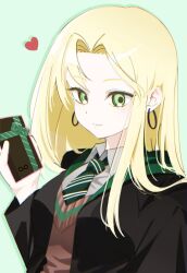  1girl absurdres black_robe blonde_hair blush box cardigan closed_mouth commentary curtained_hair earrings eyelashes genderswap genderswap_(mtf) gift gift_box green_background green_eyes green_hood green_necktie green_ribbon hair_over_shoulder harry_potter_(series) heart highres hogwarts_school_uniform holding holding_gift hood hood_down hoop_earrings jewelry long_hair looking_at_viewer malfoid moonbear777 necktie raised_eyebrow ribbon robe school_uniform shirt simple_background slytherin smile solo striped_clothes striped_necktie upper_body white_shirt wizarding_world 