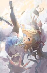  1girl absurdres aqua_bow aqua_bowtie asymmetrical_legwear bird black_socks black_thighhighs blue_eyes blue_skirt bow bowtie brown_hair brown_shoes clouds commentary day english_commentary falling floating_hair foot_out_of_frame from_side hair_ribbon highres long_hair long_sleeves looking_at_viewer looking_to_the_side neuro-sama neuro-sama_(1st_costume) open_mouth outdoors pleated_skirt reaching reaching_towards_viewer red_ribbon ribbon shoes single_sock single_thighhigh skirt socks thigh-highs uneven_legwear vedal_ai virtual_youtuber windsketchy 
