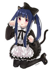  1girl animal_ears apron black_bow black_dress black_hairband black_pantyhose black_shoes blunt_bangs blush bow cat_ears cat_tail clenched_hands commentary_request dress eluthel fake_animal_ears frilled_apron frills full_body hair_bow hairband highres idolmaster idolmaster_cinderella_girls idolmaster_cinderella_girls_starlight_stage kneeling long_hair long_sidelocks open_mouth pantyhose paw_pose red_eyes sajo_yukimi shoes sidelocks simple_background sitting smile solo striped_clothes striped_dress tail twintails twitter_username vertical-striped_clothes vertical-striped_dress very_long_sidelocks white_apron white_background 
