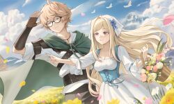  1boy 1girl absurdres arm_up artist_name basket belt bird black-framed_eyewear blonde_hair blue_bow blue_corset blue_sky bow breasts brown_belt brown_gloves cape closed_mouth corset cowboy_shot cross-laced_clothes cross-laced_corset dress field fingerless_gloves flower flower_basket flower_field gloves green_cape grey_pants hair_bow headscarf highres holding holding_basket iqbqlz jewelry long_hair long_sidelocks medium_breasts necklace original outdoors pants parted_lips pink_eyes pink_flower pointing pointing_forward round_eyewear shirt short_hair sidelocks sky summer swept_bangs teeth three-quarter_sleeves under-elbow_gloves underbust very_long_hair very_short_hair white_bird white_dress white_flower white_headscarf white_shirt yellow_flower 