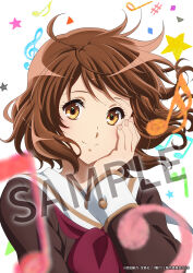  1girl anime_coloring bass_clef beamed_eighth_notes blurry blurry_foreground blush brown_eyes brown_hair closed_mouth commentary_request copyright_notice eighth_note eighth_rest half_note hand_on_own_cheek hand_on_own_face hibike!_euphonium highres ikeda_kazumi kitauji_high_school_uniform long_sleeves looking_at_viewer musical_note neckerchief official_art oumae_kumiko quarter_note red_neckerchief sailor_collar sample_watermark school_uniform second-party_source sharp_sign short_hair simple_background sixteenth_note smile solo split_mouth star_(symbol) treble_clef watermark wavy_hair white_background white_sailor_collar winter_uniform 