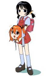  2girls a.i._voice adachi_rei android backpack bag black_eyes black_hair cable closed_mouth dress expressionless full_body hair_bobbles hair_ornament highres holding holding_detached_head kaai_yuki looking_at_another low_twintails multiple_girls necktie one_side_up open_mouth orange_eyes orange_hair pinafore_dress randoseru red_bag red_dress red_necktie short_necktie short_twintails simple_background sleeveless sleeveless_dress smile twintails unoskipdrawtwo utau vocaloid white_background 