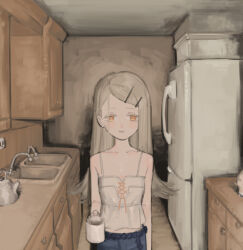  1girl bare_shoulders blonde_hair blush camisole commentary_request cup denim denim_shorts flat_chest gakuen_idolmaster hair_ornament hairclip highres holding holding_cup idolmaster indoors kitchen long_hair looking_at_viewer orange_eyes privacy_(pixiv_92000848) shinosawa_hiro shorts smile solo straight-on 
