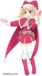  1girl bell belt blonde_hair blush boots cape christmas dress drill_hair fujiwara_warawara happy hat highres official_art red_eyes santa_costume santa_dress santa_hat shirokuma_bellstars smile solo standing third-party_source tsukimori_ririka twin_drills white_background 