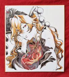  1girl absurdres black_dress chinese_clothes commentary_request crescent_print dalachi_(headdress) dress hand_on_own_face highres junko_(touhou) long_hair looking_at_viewer orange_hair pom_pom_(clothes) red_eyes red_nails red_tabard solo tabard touhou traditional_media tsubameyado 