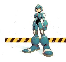  1boy armor blue_armor blue_boots blue_eyes blue_helmet boots clenched_hands closed_mouth full_body hazard_stripes helmet looking_to_the_side male_focus mega_man_(character) mega_man_(classic) mega_man_(series) robot solo standing vitaliy_shushko white_background 