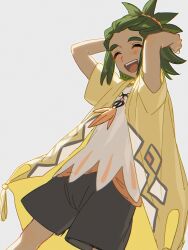  1boy :d arms_behind_head black_shorts closed_eyes coat dark-skinned_male dark_skin fua1heyvot4ifsr green_hair grey_background hau_(pokemon) hau_(sygna_suit)_(pokemon) highres looking_at_viewer male_focus official_alternate_costume open_clothes open_coat open_mouth pokemon pokemon_masters_ex pokemon_sun_and_moon ponytail shirt shorts simple_background smile solo standing upper_body white_shirt yellow_coat 
