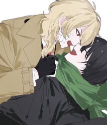  2boys :d anger_vein angry antenna_hair black_gloves black_hair black_sweater blonde_hair blush boy_on_top closed_eyes clothes_grab coat collar_grab commentary commission face-to-face fang from_side gauze gauze_on_cheek gloves green_scarf highres laughing long_hair looking_at_another lying male_focus mamiya_yumehisa mole mole_under_eye multiple_boys natsume_souichirou necktie neckwear_grab on_back red_eyes red_necktie scarf second-party_source sekai_metsubou_kyouyuu_gensou_mamiya smile suanle111 sweater trench_coat untranslatable_commentary upper_body wavy_hair white_background 
