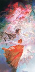  2girls absurdres artist_request back_bow bellflower black_hair bow branch brown_eyes brown_sandals cherry_blossoms chinese_commentary closed_eyes commentary_request commission cropped_torso expressionless falling_petals floating_clothes floating_hair flower full_body hair_tie hakama hakama_skirt highres inuyasha japanese_clothes kikyou_(inuyasha) kimono lipstick long_hair long_sleeves looking_ahead low_ponytail makeup miko multiple_girls parted_lips petals pink_flower pink_lips ponytail red_bow red_flower red_hakama ribbon-trimmed_sleeves ribbon_trim sandals second-party_source shadow short_kimono sidelocks skirt socks spider_lily spring_(season) tabi very_long_hair walking white_kimono white_socks wide_sleeves wind zouri 
