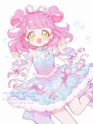  1girl :d blue_dress blue_ribbon commentary detached_sleeves double_bun dress dress_ribbon earrings frilled_dress frills gradient_clothes gradient_dress hair_bun hair_ribbon haru_(haru1bc6c4) highres jewelry kiracchu_(pri_chan) kiratto_pri_chan medium_hair neck_ribbon pink_dress pink_hair pink_ribbon pretty_series ribbon sleeve_ribbon smile solo star-shaped_pupils star_(symbol) star_earrings strapless strapless_dress symbol-shaped_pupils untranslatable_commentary white_sleeves yellow_eyes 