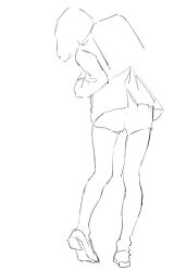  1girl backpack bag from_behind full_body greyscale heel_up highres ichikawa_haru jacket leaning_to_the_side long_sleeves medium_hair monochrome original shoes shorts simple_background sketch solo standing white_background 