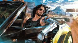  1boy bare_shoulders beard black_hair car cigarette commentary commission cyberpunk_(series) cyberpunk_2077 dog_tags driving english_commentary facial_hair full_beard highres johnny_silverhand kaichi1129 male_focus mechanical_arms motor_vehicle outdoors prosthesis prosthetic_arm road second-party_source single_mechanical_arm sleeveless smile smoking solo 