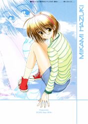  1girl 2000s_(style) absurdres antenna_hair artist_name blue_shorts bracelet brown_eyes brown_hair character_name closed_mouth commentary_request dated day denim denim_shorts full_body glasses green_shirt hairband hand_on_own_knee hidewoshi highres jewelry knees_up looking_back mikami_hazuki_(hidewoshi) original outdoors pigeon-toed red_hairband red_shoes shirt shoes short_hair shorts side_slit sitting smile sneakers socks solo striped_clothes striped_shirt translation_request tree_shade white_socks zoom_layer 
