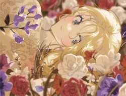  1girl blonde_hair blurry blurry_background commentary_request elsa_(frozen) eyelashes eyeshadow floral_print floral_print_shirt flower frozen_(disney) grey_eyes highres holding holding_petal lace_shirt looking_at_viewer lying makeup on_side p_(pkochan) parted_lips petals pink_eyeshadow pink_flower portrait print_shirt purple_flower red_flower shirt solo too_many_flowers white_flower 