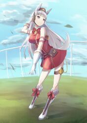  1girl animal_ears armband blue_sky blunt_bangs boots bow breasts brown_hat closed_mouth clouds dress ear_bow ear_ribbon gloves gold_ship_(red_strife)_(umamusume) gold_ship_(umamusume) grey_hair hanamaru_tsubaki hat highres horse_ears horse_girl horse_tail large_breasts long_hair outdoors pantyhose pillbox_hat red_bow red_dress sky sleeveless sleeveless_dress smile solo striped_armband striped_clothes tail umamusume violet_eyes white_boots white_gloves white_pantyhose 