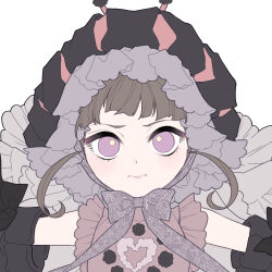  1girl bow bowtie closed_mouth commentary_request detached_sleeves frilled_hat frills grey_hair hat heart heart_print looking_at_viewer magical_girl mahou_shoujo_ikusei_keikaku mahou_shoujo_ikusei_keikaku_double_shadow medium_hair purple_bow purple_bowtie violet_eyes white_background yomo_gigyoza zipstep 