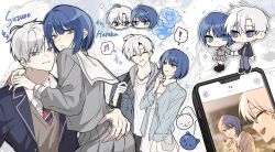  ! 1515cm_s2 1boy 1girl :t ahoge bag beamed_sixteenth_notes black_bag blazer blue_eyes blue_flower blue_hair blue_rose blush bob_cut brown_sweater_vest cake cake_slice cellphone cellphone_photo character_name chibi chibi_inset closed_eyes collared_shirt commentary_request commission diagonal-striped_clothes diagonal-striped_necktie drawstring eating flower food food_bite grey_bag grey_hair grey_serafuku grey_shirt grey_skirt hand_on_another's_ass heart heart_necklace hetero highres holding_hands hood hooded_jacket jacket jewelry kamiyama_high_school_uniform_(project_sekai) kiritani_haruka korean_commentary laughing long_sleeves looking_at_another looking_at_viewer miyamasuzaka_girls'_academy_school_uniform musical_note neckerchief necklace necktie open_clothes open_jacket open_mouth original parted_bangs parted_lips phone project_sekai red_neckerchief rose sailor_collar school_uniform second-party_source serafuku shirt short_hair shoulder_bag side_part sidelocks sitting sitting_on_person skirt smartphone smile spoken_exclamation_mark spoken_musical_note striped_clothes striped_necktie suzune_(f0ryourtomorrow) sweater_vest translation_request violet_eyes white_sailor_collar white_shirt wing_collar zoom_layer 
