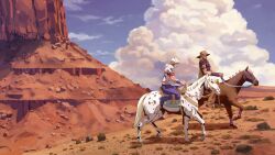  2boys absurdres andrewbolly animal brown_horse desert gyro_zeppeli heart_ornament highres horse horse_print horseback_riding horseshoe horseshoe_hat_ornament horseshoe_ornament johnny_joestar jojo_no_kimyou_na_bouken multiple_boys multiple_riders outdoors reins riding slow_dancer_(jojo) steel_ball_run valkyrie_(jojo) white_horse 