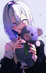  1girl amane_kanata amane_kanata_(cutesy_punk) asymmetrical_bangs asymmetrical_hair black_choker black_jacket blue_hair blue_nails bob_cut bra_strap choker colored_inner_hair commentary debris empty_eyes evil_smile film_grain grey_hair hair_over_one_eye highres holding holding_stuffed_toy hololive jacket long_sleeves missing_halo missing_wings multicolored_hair nail_polish official_alternate_costume open_clothes open_jacket pink_streaks print_shirt self-borrowed_hairstyle shirt short_hair single_bare_shoulder single_hair_intake single_off_shoulder smile solo streaked_hair stuffed_animal stuffed_toy sui._(suikun) teddy_bear torn_stuffed_toy upper_body violet_eyes virtual_youtuber white_shirt yandere 