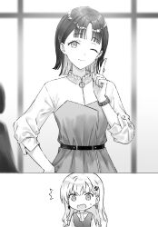  2girls ;) ayase_saki character_request commentary_request gimai_seikatsu greyscale hair_ornament hairclip hand_on_own_hip highres hiten_(hitenkei) index_finger_raised long_hair looking_at_viewer monochrome multiple_girls novel_illustration official_art one_eye_closed open_mouth second-party_source short_hair smile watch watch 