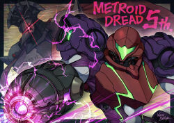  1boy 1girl arm_cannon armor artist_name black_border border check_commentary chozo commentary commentary_request copyright_name english_commentary english_text glowing glowing_eye gravity_suit_(metroid) green_assault_visor helmet highres metroid metroid_(creature) metroid_dread mixed-language_commentary multicolored_armor power_armor power_suit_(metroid) purple_armor raven_beak_(metroid) red_armor red_helmet samus_aran science_fiction shoulder_armor upper_body wakaba_(wata_ridley) weapon white_armor 