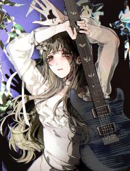  1girl alkali_rettousei_(vocaloid) arms_up bang_dream! bang_dream!_our_notes brown_hair choker commentary crying crying_with_eyes_open dress electric_guitar green_eyes guitar heart highres instrument kotohira_nagi long_hair solo tachyuri tears white_choker white_dress 