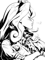  1girl absurdres blush closed_eyes commentary_request crossed_arms dress frilled_dress frilled_sleeves frills greyscale hair_ornament hairband highres long_hair monochrome pout puff_of_air shell shell_hair_ornament solo touhou upper_body vn35214 watari_nina 