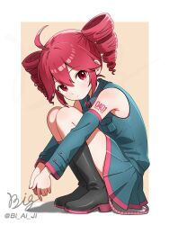  1girl absurdres ahoge artist_name bare_shoulders bi_ai_ji black_boots blue_shirt blue_skirt blue_sleeves boots border breast_pocket buttons character_name_tattoo collared_shirt commentary_request detached_sleeves double-parted_bangs drill_hair full_body hair_between_eyes highres kasane_teto kasane_teto_(utau) looking_at_viewer outside_border pink_trim pleated_skirt pocket red_eyes red_hair shirt shoulder_tattoo sidelocks signature simple_background skirt sleeveless sleeveless_shirt solo squatting tattoo twin_drills twitter_username utau white_border wing_collar 