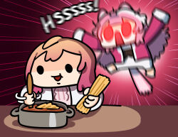  2girls animal_ears arms_up breaking_pasta brown_hair commentary food glowing glowing_eyes highres hissing hololive hololive_dev_is hololive_english ichijou_ririka ichijou_ririka_(1st_costume) jacket keenbiscuit multiple_girls open_mouth panther_ears panther_girl panther_tail pasta pink_hair raora_panthera raora_panthera_(1st_costume) red_eyes smile spaghetti tail virtual_youtuber white_hair 